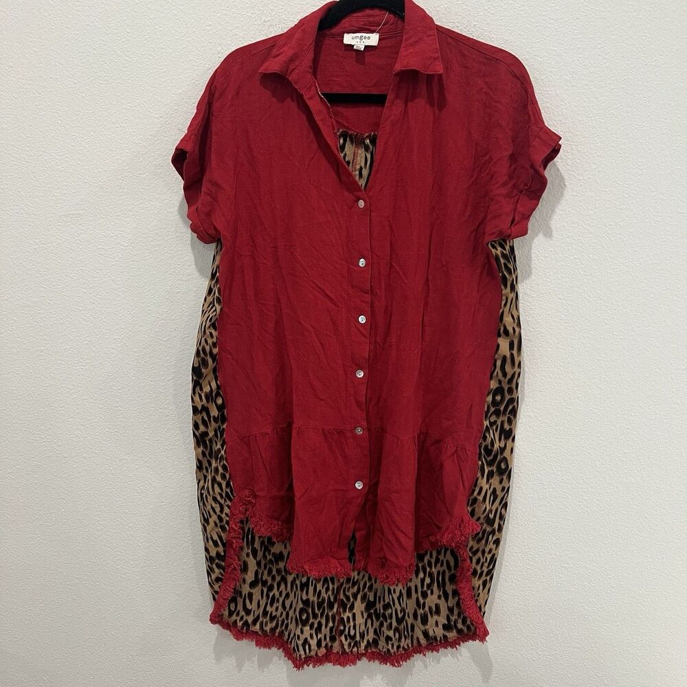 Umgee Linen Red Leopard animal print Hi-low tunic top size Large Resort Summer